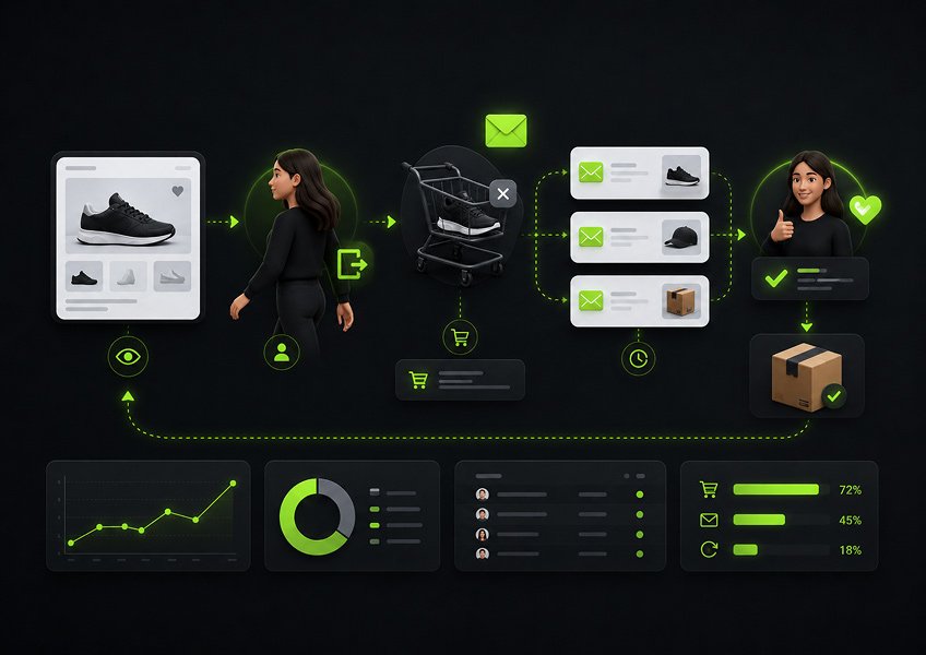 Ecommerce browse and cart abandonment recovery showing product views, an abandoned cart, reminder emails, a returning shopper, completed purchase, and campaign performance analytics.