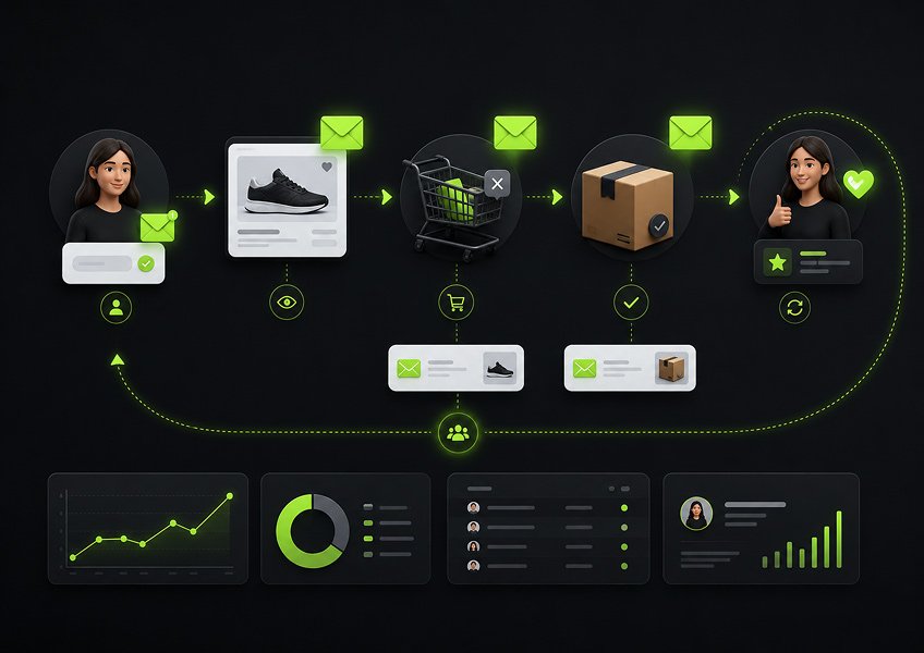 Ecommerce customer lifecycle showing subscriber signup, product browsing, abandoned cart recovery, completed purchase, retention emails, and performance analytics.xzc 