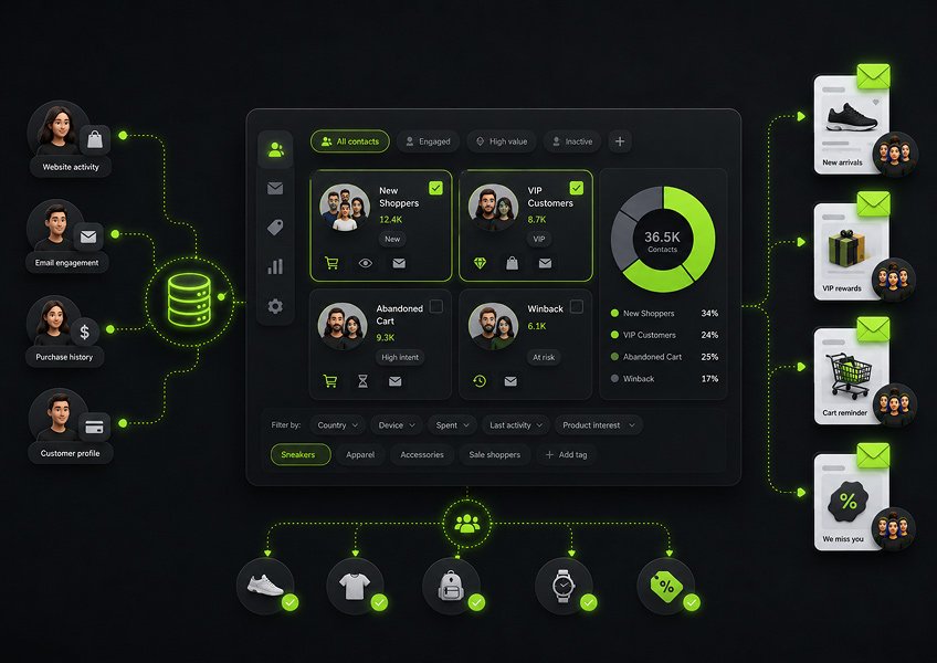 Ecommerce customer segmentation dashboard using website activity, email engagement, purchase history, customer profiles, abandoned carts, VIP customers, and product interests.
