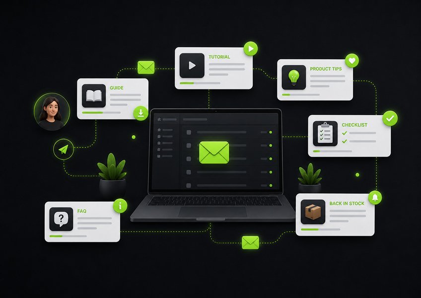 Ecommerce email content showing guides, tutorials, product tips, checklists, FAQs, and back-in-stock updates sent between promotions.