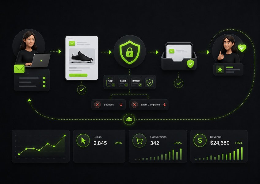 Email deliverability workflow showing SPF, DKIM, DMARC, secure inbox placement, reduced bounces and spam complaints, plus click, conversion, and revenue analytics.