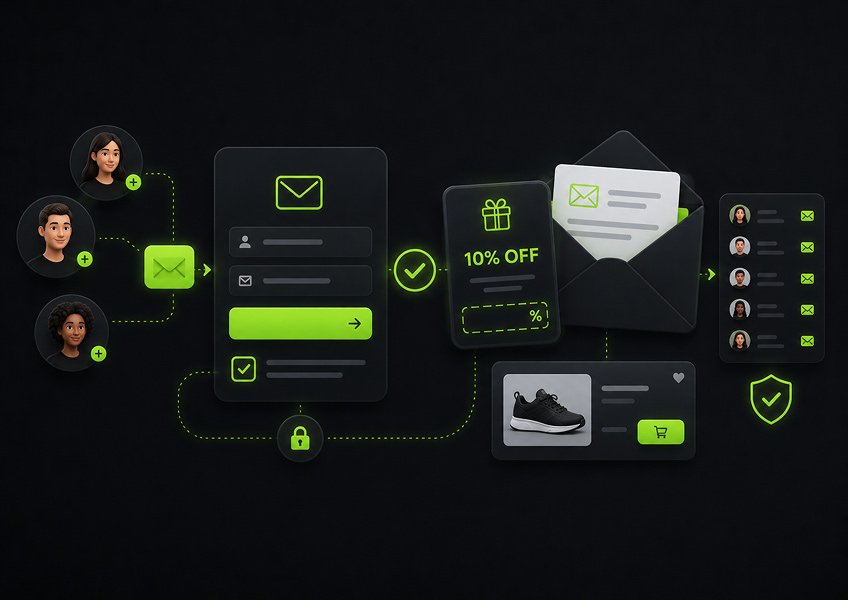 Ecommerce email signup process showing subscriber consent, signup form, discount incentive, email delivery, customer list, and secure permission-based marketing.