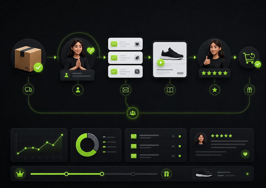 Post-purchase email journey showing order delivery, follow-up messages, product education, customer reviews, loyalty engagement, and repeat-purchase opportunities.