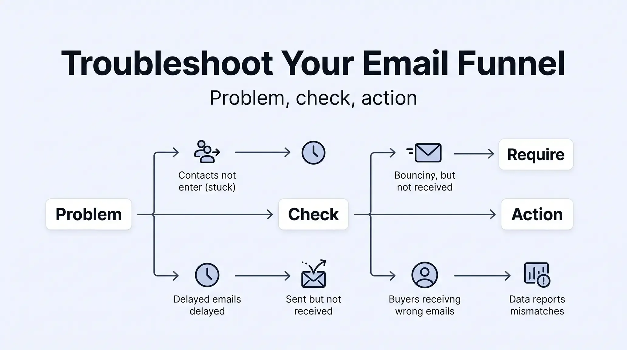 Email funnel troubleshooting flowchart showing problems, checks, and actions for stuck contacts, delayed emails, delivery issues, incorrect emails, and reporting mismatches.
